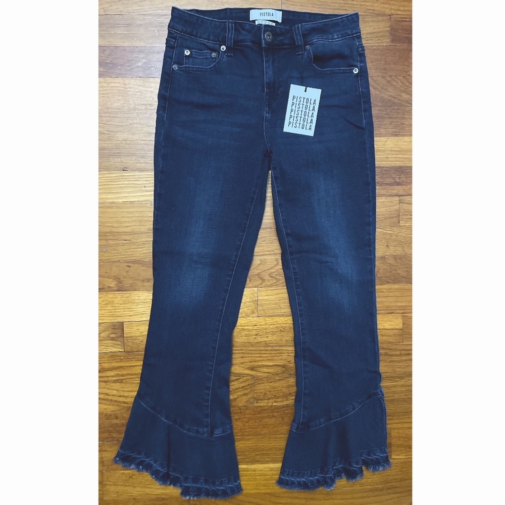 PISTOLA High Rise Boot-Cut Raw Ruffle Hem Crop Jeans - NWT